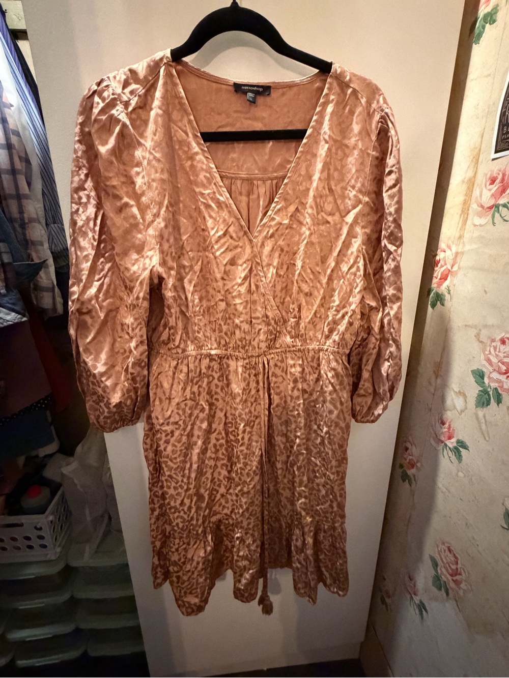 mittoshop Taupe Satin Leopard-Texture V-Neck Dress